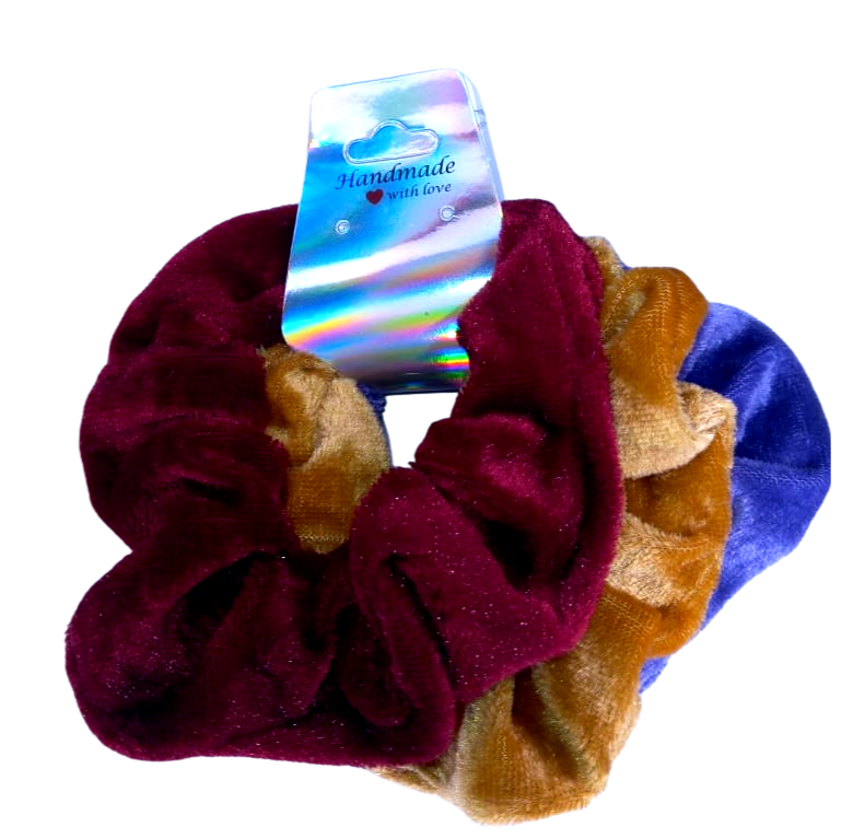 Burgundy, Cream and Blue Scrunchies