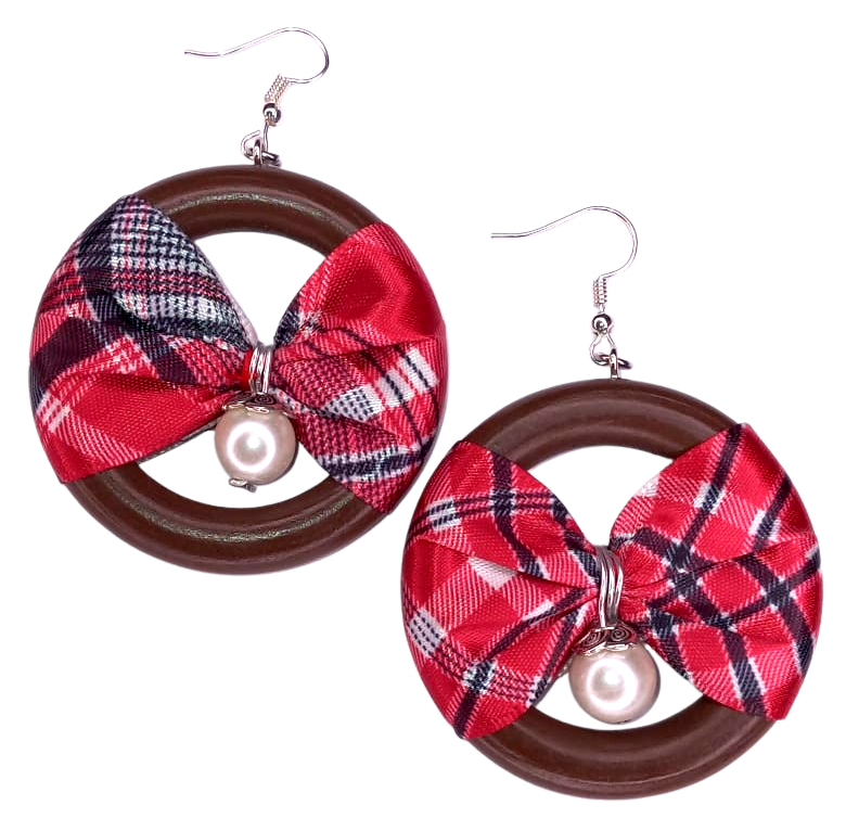 Jamaica Bandana Bow Earring with Pearl - Gloss Natural Brown Wood