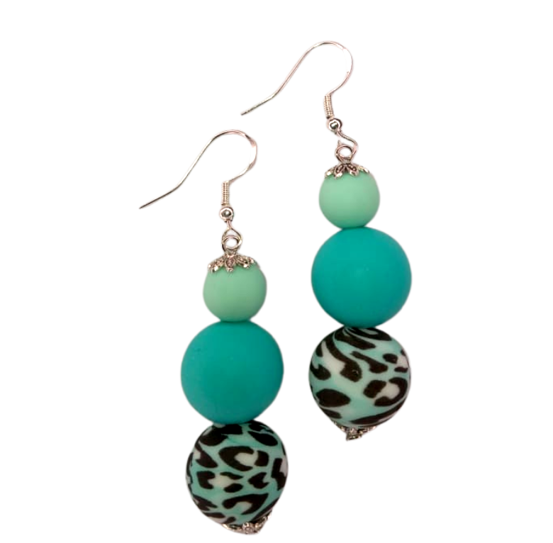 Leopard Blue, Teal, Baby Blue Tropical Beads Earrings