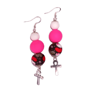 Pink Hearts and Pink White Tropical Beads Earrings