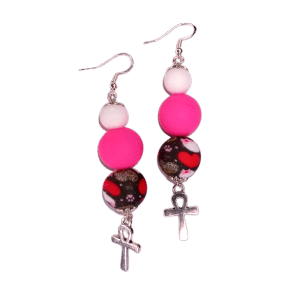 Pink Hearts and Pink White Tropical Beads Earrings