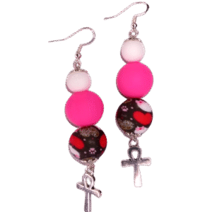 Pink Hearts and Pink White Tropical Beads Earrings