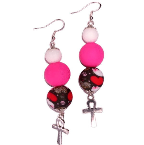 Pink Hearts and Pink White Tropical Beads Earrings