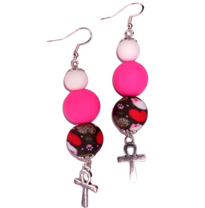 Pink Hearts and Pink White Tropical Beads Earrings