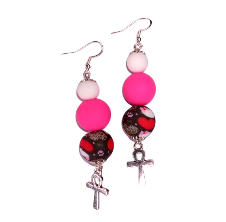 Pink Hearts and Pink White Tropical Beads Earrings